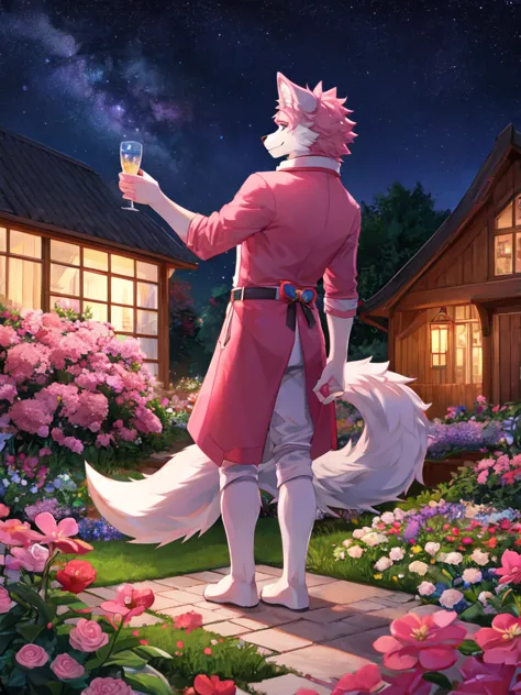 top quality, expensive_solve, clear_image, detailed background, 1boy, wolf, furry, pink fur, tail, flower, garden, starry sky,