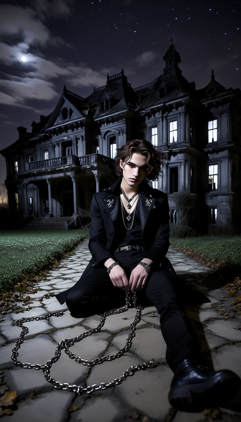 Gothic medium normal wavy haired young men with aesthetic chain jewellery is laying on the floor outside at night in a abandoned mansion with black and white background