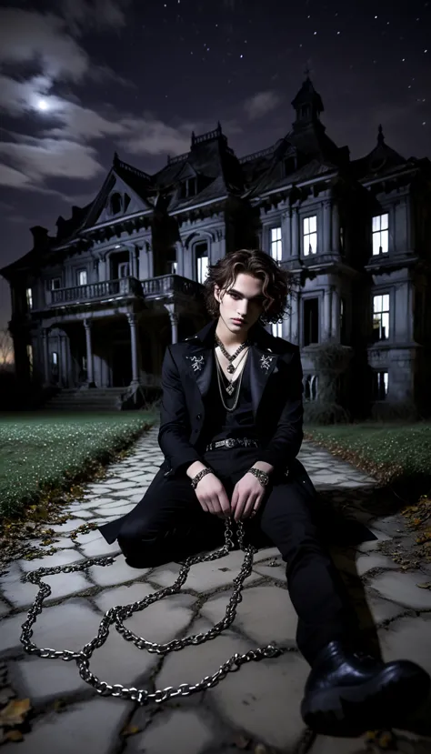 Gothic medium normal wavy haired young men with aesthetic chain jewellery is laying on the floor outside at night in a abandoned...