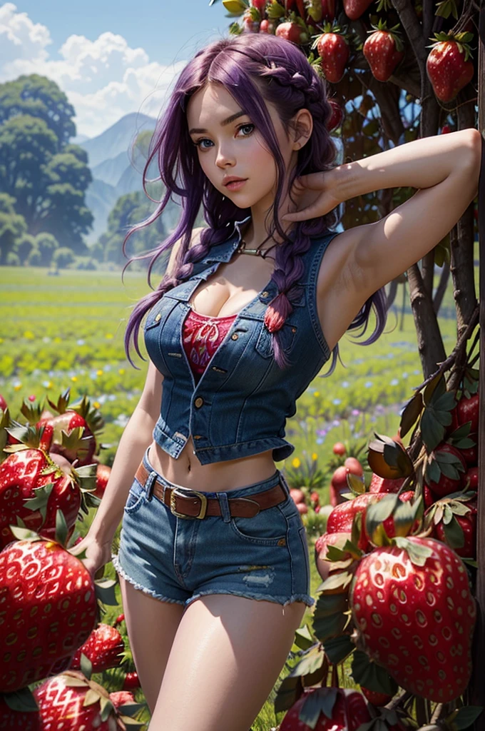 Beautiful Caucasian woman. Fitness body. Big round breasts. Just one woman. Alone. Western woman. Long hair with 1 braid. Purple hair. Bright purple eyes. Woman wearing short denim shorts, a top with a strawberry print and on top she has a denim vest, she has black leather boots. The woman is in a field full of strawberry plantations around her, on a sunny day with a beautiful blue sky. Dynamic light. Dynamic shadows. High resolution. Detailed.