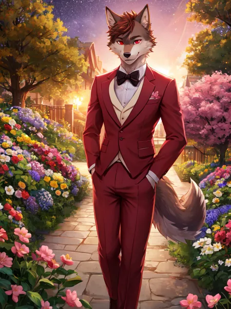 top quality, expensive resolution, clear image, detailed background, 1 boy, wolf, furry, pink fur, tail, flower, garden, starry ...