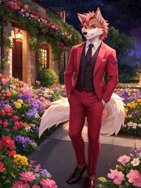 top quality, expensive resolution, clear image, detailed background, 1 boy, wolf, furry, pink fur, tail, flower, garden, starry ...