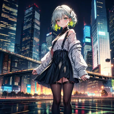 one girl, black_skirt, green_hair, building, city, cityscape, hair_between_eye, jacket, looking_in_audience, moderate_hair, mult...