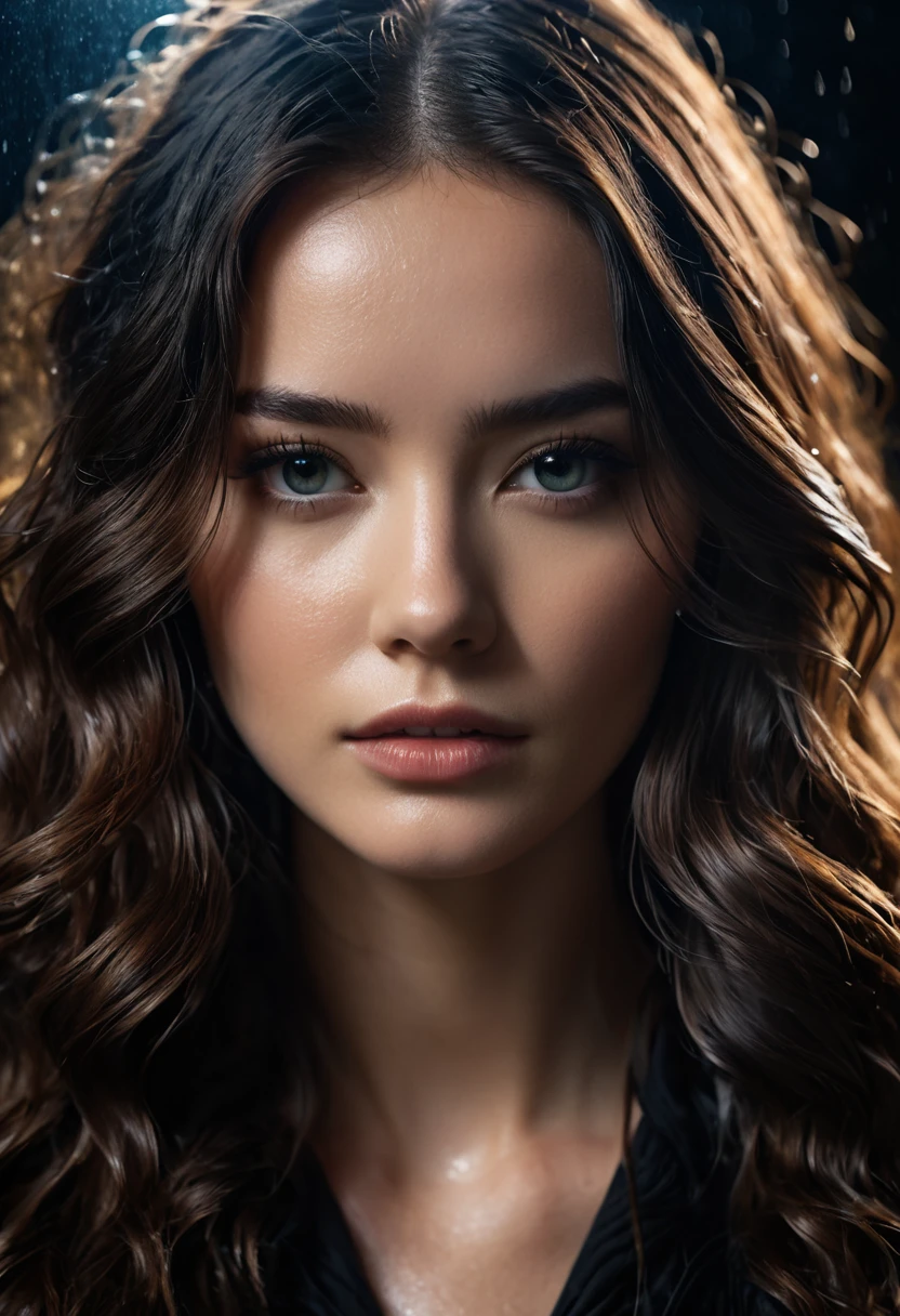 a beautiful young woman in black with long hair, in the style of textural layers, reefwave, light brown and light black, wet-on-wet blending, wavy, pop inspo, captivating gaze, dramatic cinematic lighting, photo realistic, cinematic, movie still, captured in the style of Sony Alpha A7 III camera