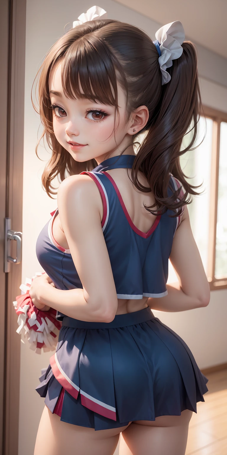 adorable , Lycéenne japonaise, (visage de bébé:0.7), cosplay de pom-pom girl flashy,Sans manches,Chouchou,   (sourire, sourire:0.6), suggestif,(cheveux foncés cheveux mi-longs:1), clivage,(De dos , regarde derrière)