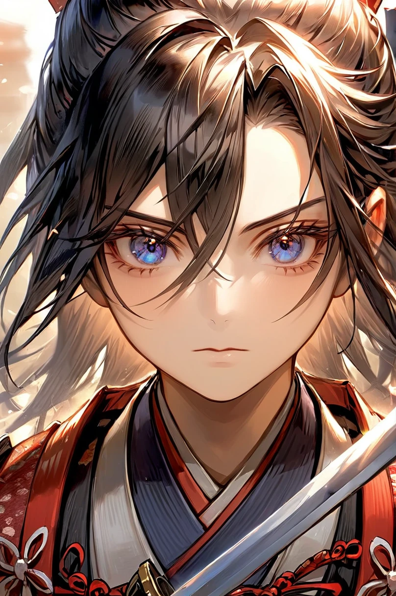 Zuo々Historical portrait of Ki Kojiro。He was a Japanese samurai during the Sengoku period.、Staring straight ahead with serious eyes、Carrying a sword。」