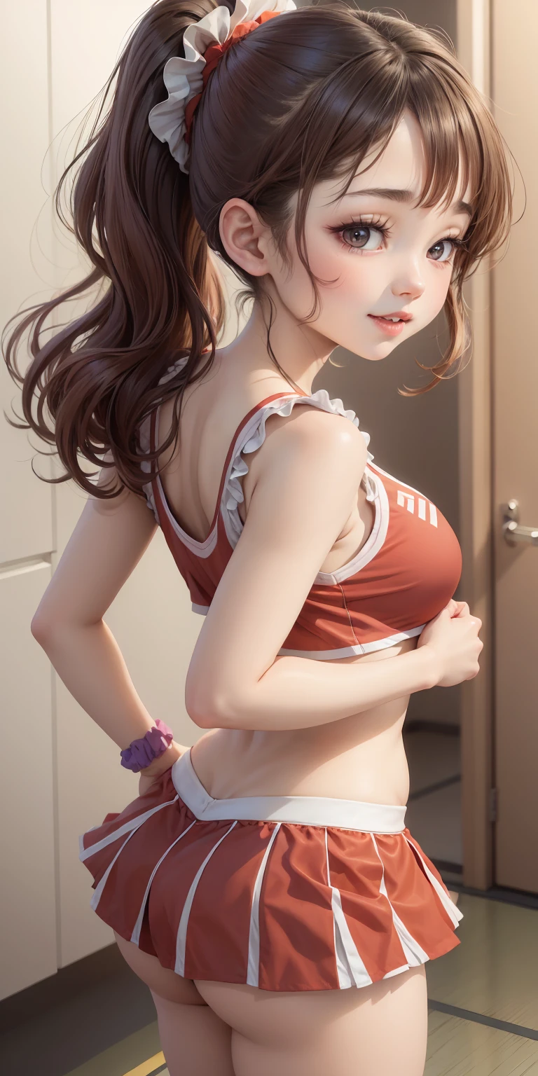 adorable , japanese high school girl, (baby face:0.7), flashy cheerleader cosplay,sleeveless,scrunchie,   (smile, grin:0.6), suggestive,(hair dark  medium hair:1), cleavage,(from back , look behind:1.3)