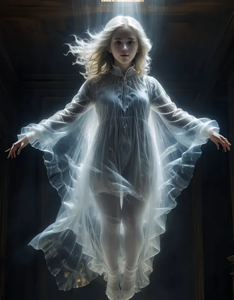A beautiful transparent young and cute lady ghost,
From below, upside down, chiaroscuro, UHD, masterpiece, super detail, high de...