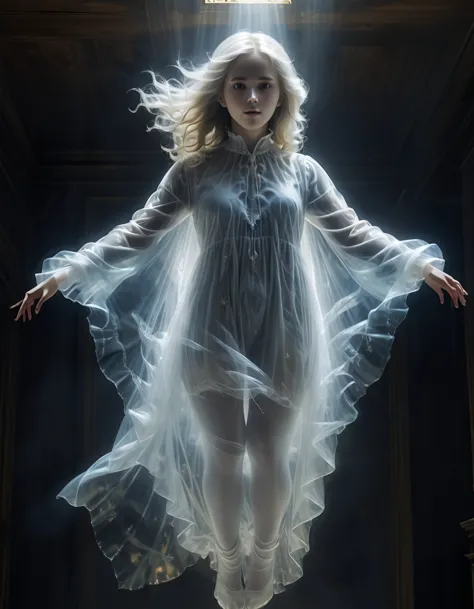 a beautiful transparent young and cute lady ghost,
from below, upside down, chiaroscuro, uhd, masterpiece, super detail, high de...