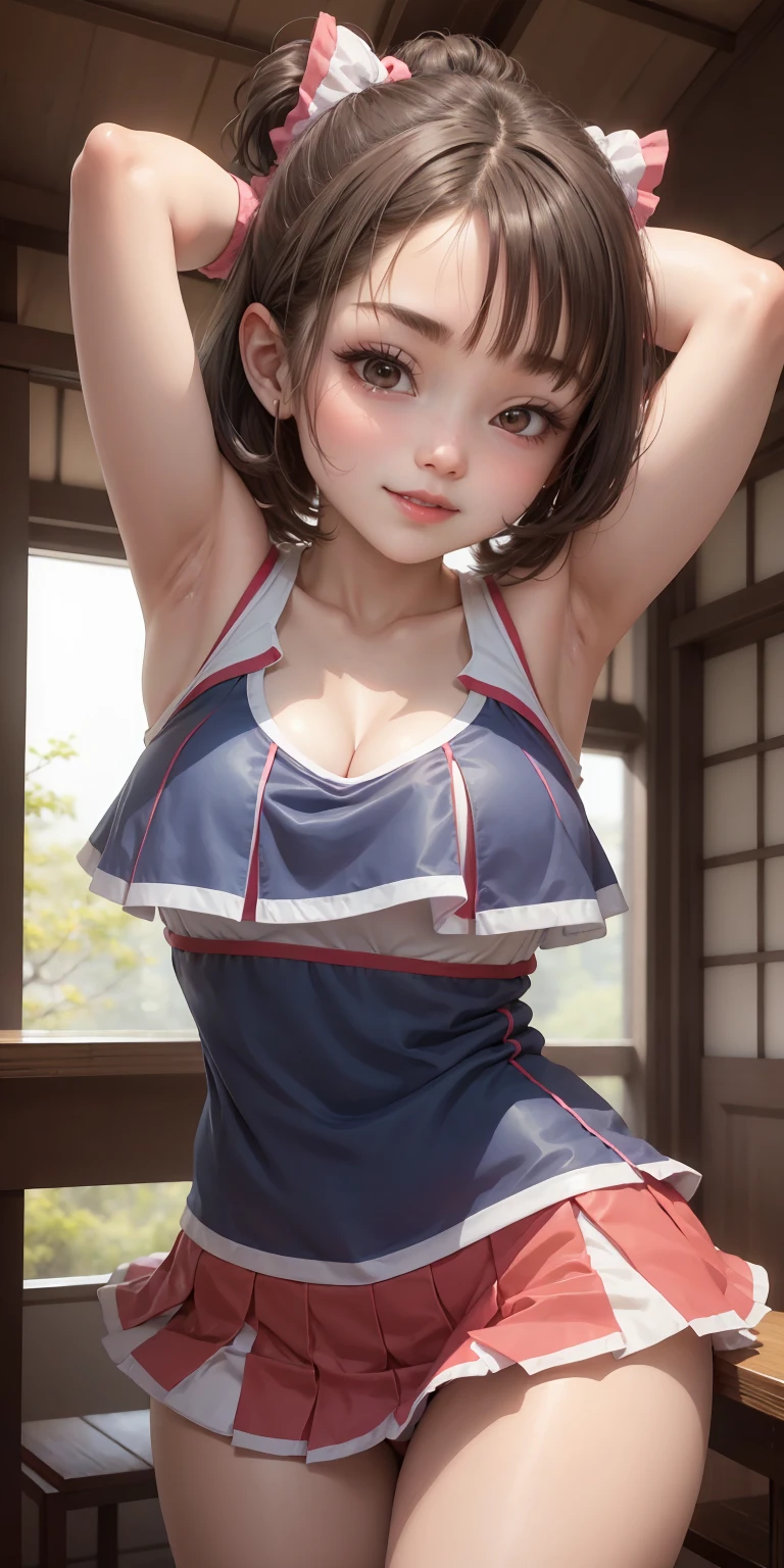 adorable , japanese high school girl, (baby face:0.7),shiny  cheerleader cosplay,sleeveless,scrunchie,   (smile, grin:0.6), suggestive,(armpits, arms up:1.2), (hair dark  medium hair:1),medium breast,  cleavage, , 