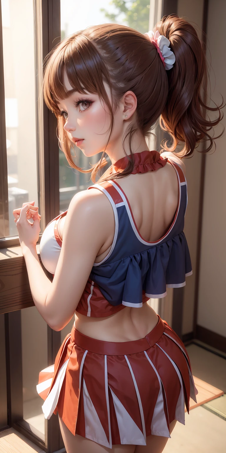 adorable , japanese high school girl, (baby face:0.7), flashy cheerleader cosplay,sleeveless,scrunchie,   (smile, grin:0.4), suggestive,(hair dark  medium hair:1), cleavage,(from back , look behind:1.3)