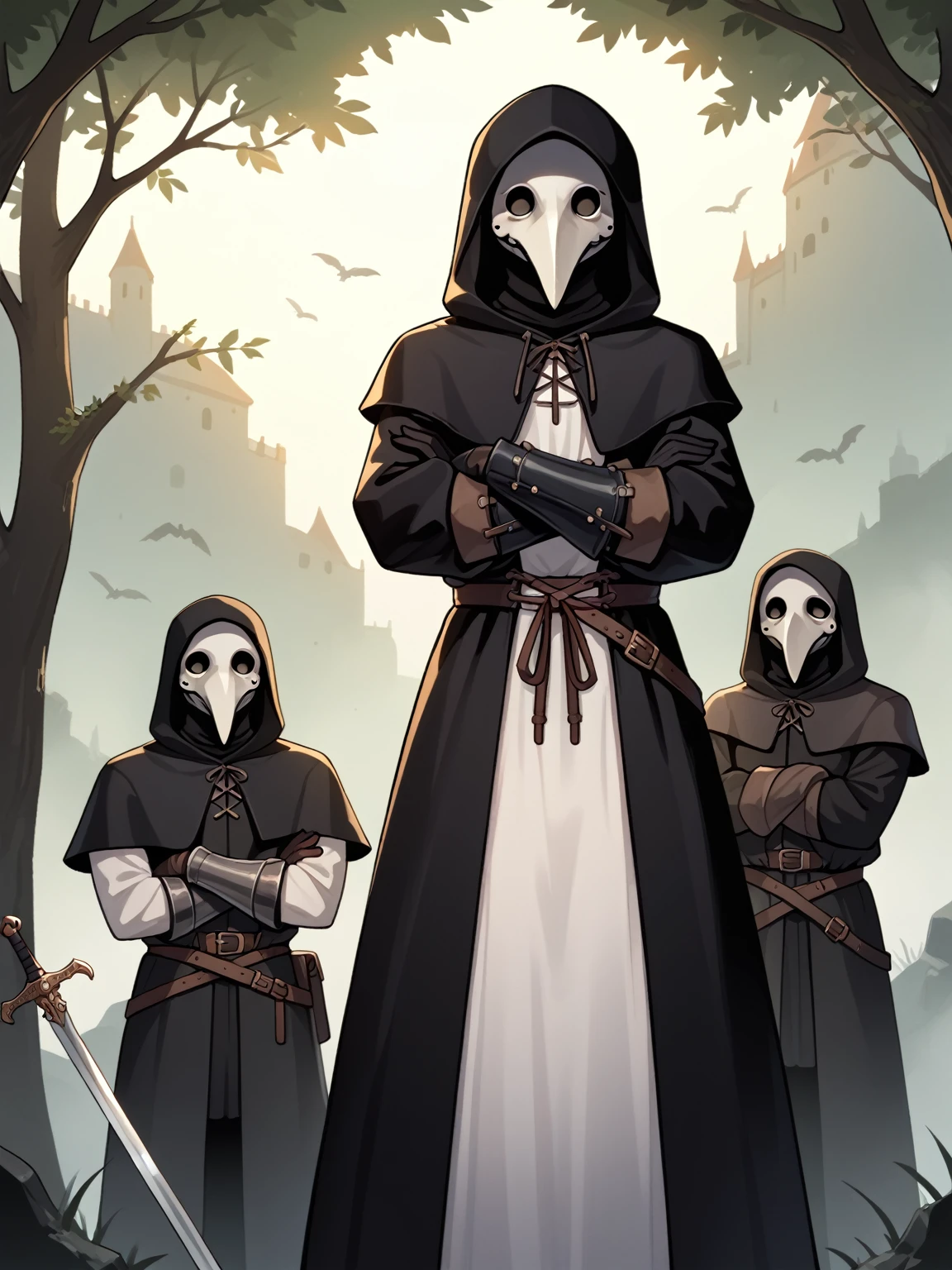 score_9, score_8_up, score_7_up, score_6_up, score_5_up, score_4_up, (derpibooru_p_95), front view, cowboy shot, 1girl, plague doctor, mask, narrow waist, blade on arms, crossed arms, standing, hood up, black coat, black gloves, pants, outdoors, medieval, fog  