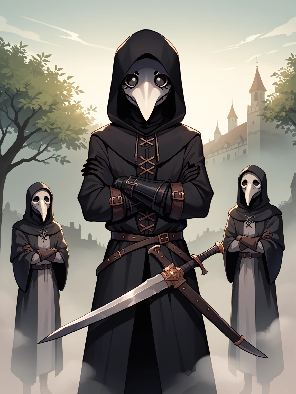 score_9, score_8_up, score_7_up, score_6_up, score_5_up, score_4_up, (derpibooru_p_95), front view, cowboy shot, 1girl, plague doctor, mask, narrow waist, blade on arms, crossed arms, standing, hood up, black coat, black gloves, pants, outdoors, medieval, fog  