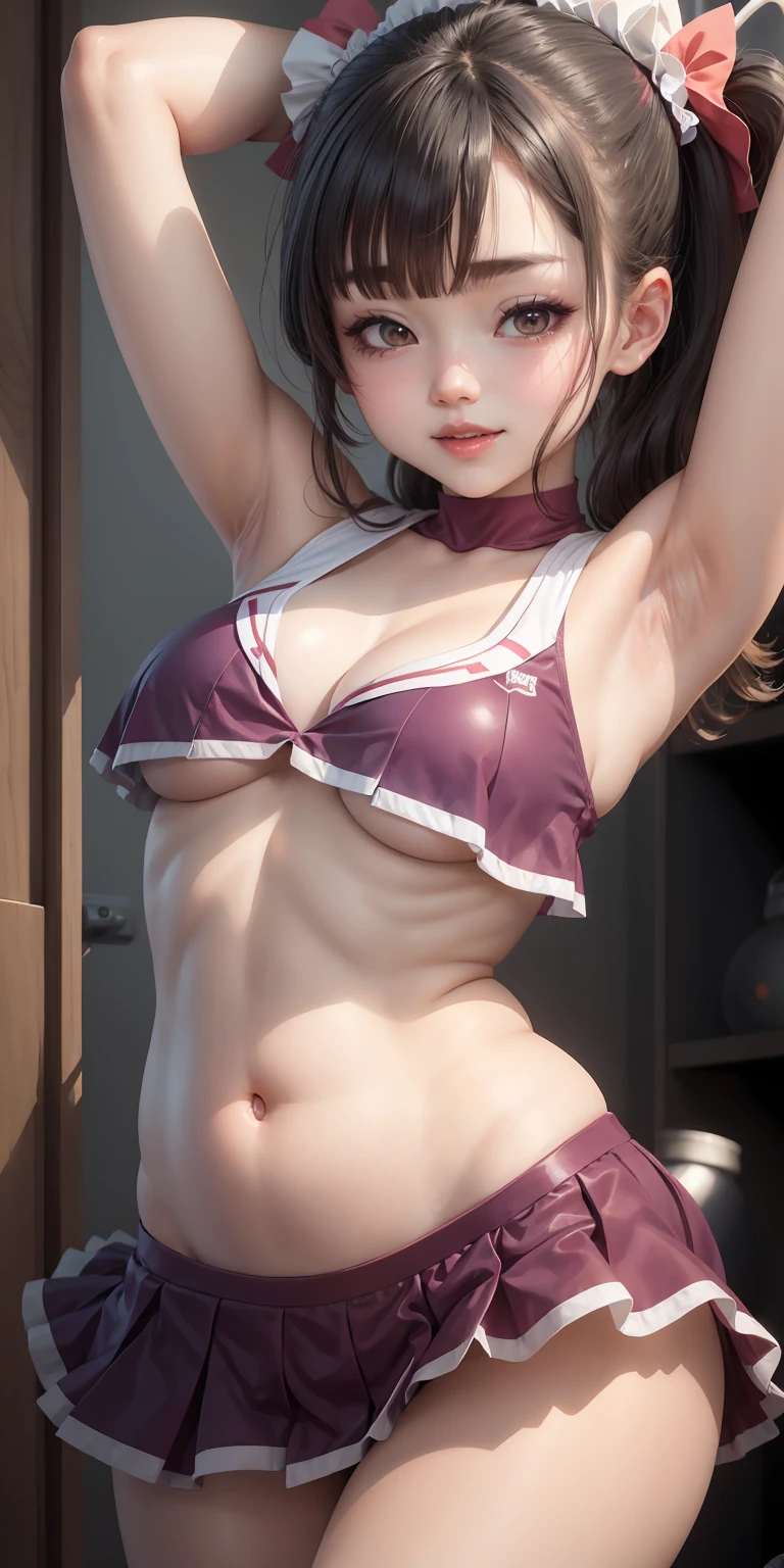 adorable , japanese high school girl, (baby face:0.7),shiny  cheerleader cosplay,sleeveless,scrunchie,   (smile, grin:0.5), suggestive,(belly button, armpits, arms up:1.2), (hair dark  medium hair:1),medium breast,  cleavage, , 