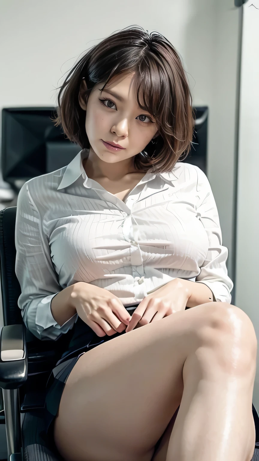 (Japan Office、Woman sitting on chair:1.2、Office worker at work)、((White blouse、Tight skirt:1.5、Put on stockings)、the wind is strong、(Realistic、Like a photograph、Live Action、8k, Realistic, RAW Photos, Best image quality: 1.4), Single-lens reflex camera、RAW Photos, Highest quality, Realistic, Highly detailed CG Unity 8k wallpaper, Written boundary depth, Cinematic Light, Lens flare, Ray Tracing, Realistic background、((ultra high density skin))、 23-year-old woman、Cute Japanese Office Lady、(whole body:1.5)、Very detailedな顔，avert your eyes:1.1、(short hair:1.2、Shortcuts:1.4)、I like that style、stylish、Very detailed、Pay attention to the details、Perfect outfit、(Sunburned skin)、Front view、Accurate hands、Accurate legs、Detailed hands and fingers、Anatomically correct body、Thin legs、Thin thighs、Large Breasts