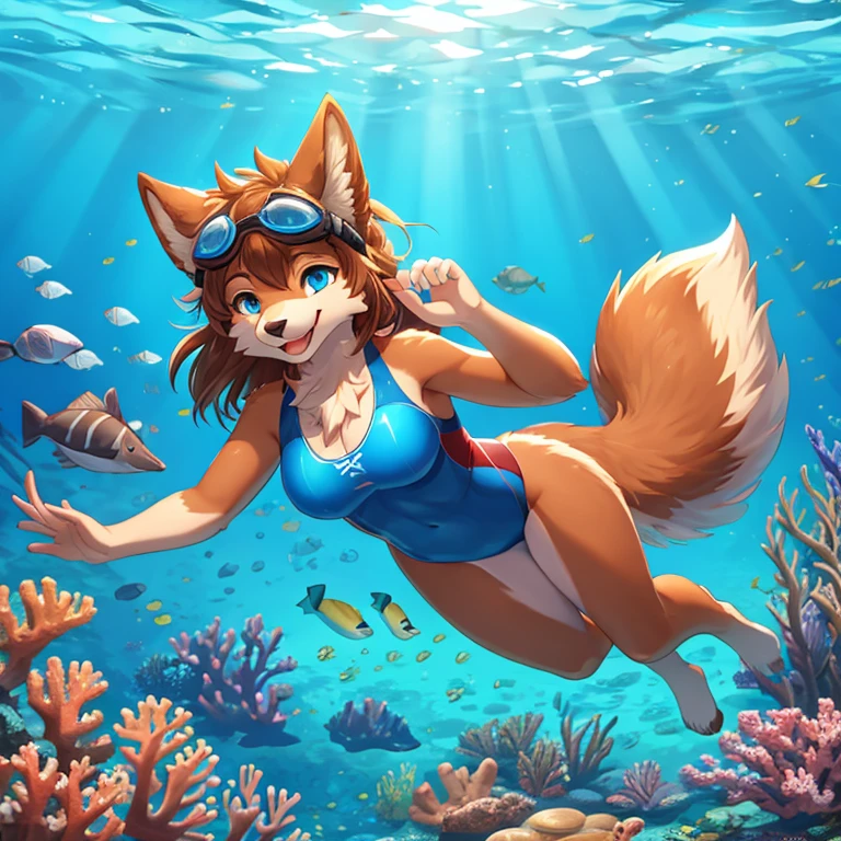 Masterpiece, High quality, One furry female wolf, Brown fur on her body, has Bright blue eyes, wears Blue swimsuit, perfect anatomy, has wolf tail, has wolf ears, diving in the Sea ​​bread, coral reef, happy face, underwater goggles, beautiful eye, catch light, sunny day