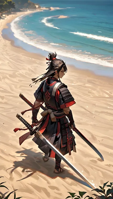 「a scene of a samurai carving a sword out of wood on the beach。the wooden sword is simple, but is crafted to be usable in combat...