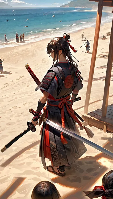 「a scene of a samurai carving a sword out of wood on the beach。the wooden sword is simple, but is crafted to be usable in combat...