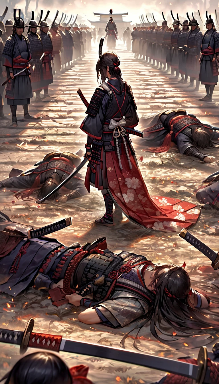 A scene where the bodies of fallen enemies lie on the ground after a battle。Samurai standing around boasting their victory。」