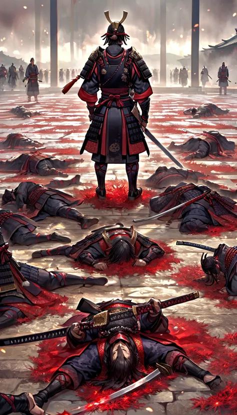 a scene where the bodies of fallen enemies lie on the ground after a battle。samurai standing around boasting their victory。」