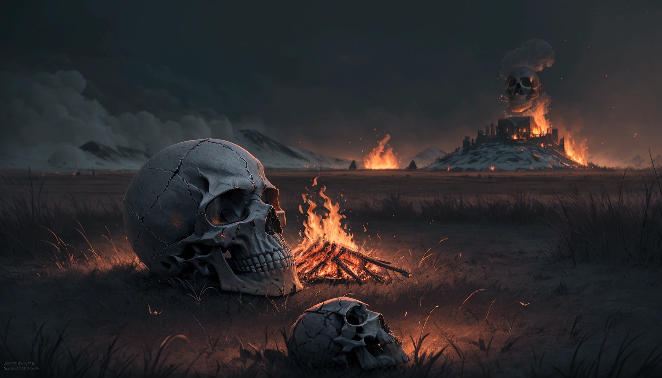 there is a skull and a fire in the middle of a field, burning scene in the background, cinematic outdoor lighting, atmospheric cold lighting, bathed in the the glow of a fire, chilly dark mood, flaming skull, ice and fire, dark winter evening, taken with sony a7r camera, taken with a canon eos 5d, close up camera on bonfire level