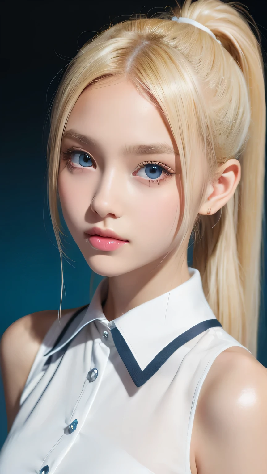 Portrait、A very beautiful girl、(School uniforms)、Bright expression、ponytail、Young shiny glossy white glossy skin、Great looks、Blonde reflection、Platinum blonde hair with highlights、Shiny bright hair,、Super long, smooth, straight, silky hair、Shiny beautiful bangs、Sparkling, crystal clear, attractive, large, very bright ice blue eyes、Very big eyes、Very beautiful, lovely and cute 16 year old girl、Ample Bust、With slit、((I could see the whole body))、Extremely white, beautiful, bright and radiant skin