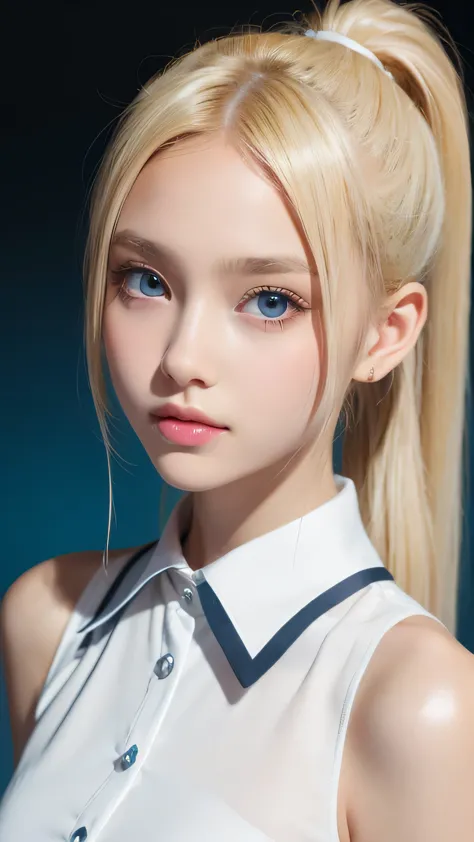 portrait、a very beautiful girl、(school uniforms)、bright expression、ponytail、young shiny glossy white glossy skin、great looks、blo...