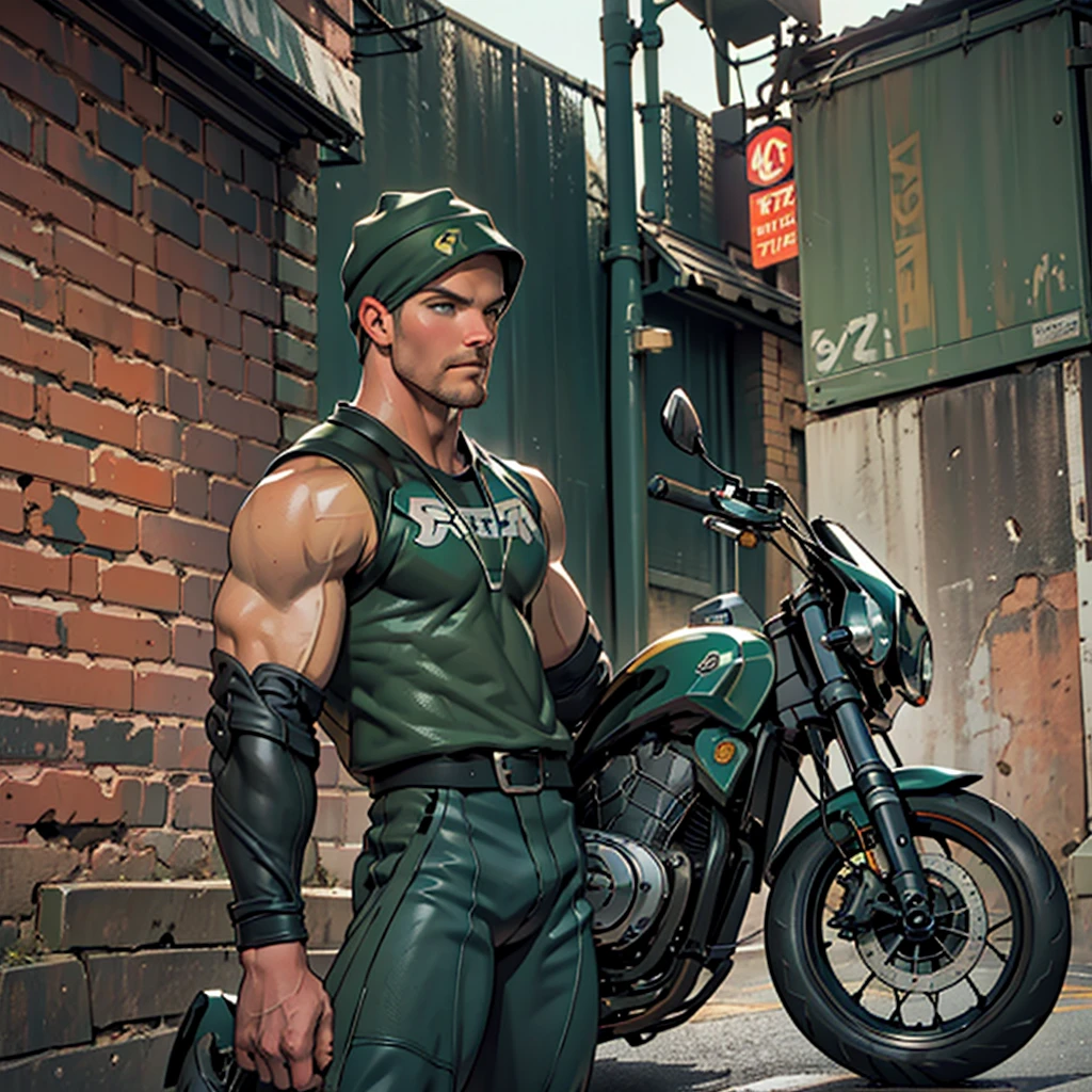 32k, high quality , detailed face , detailed hands , detailed muscles detailed motorcycle , (((stephen amell))) standing near his (((motorcycle 1.2))), posing in a street ,standing with spread legs, showing his muscles, shirtless wearing a very very low dark green pants with brown belt, background brick wall with men health posters