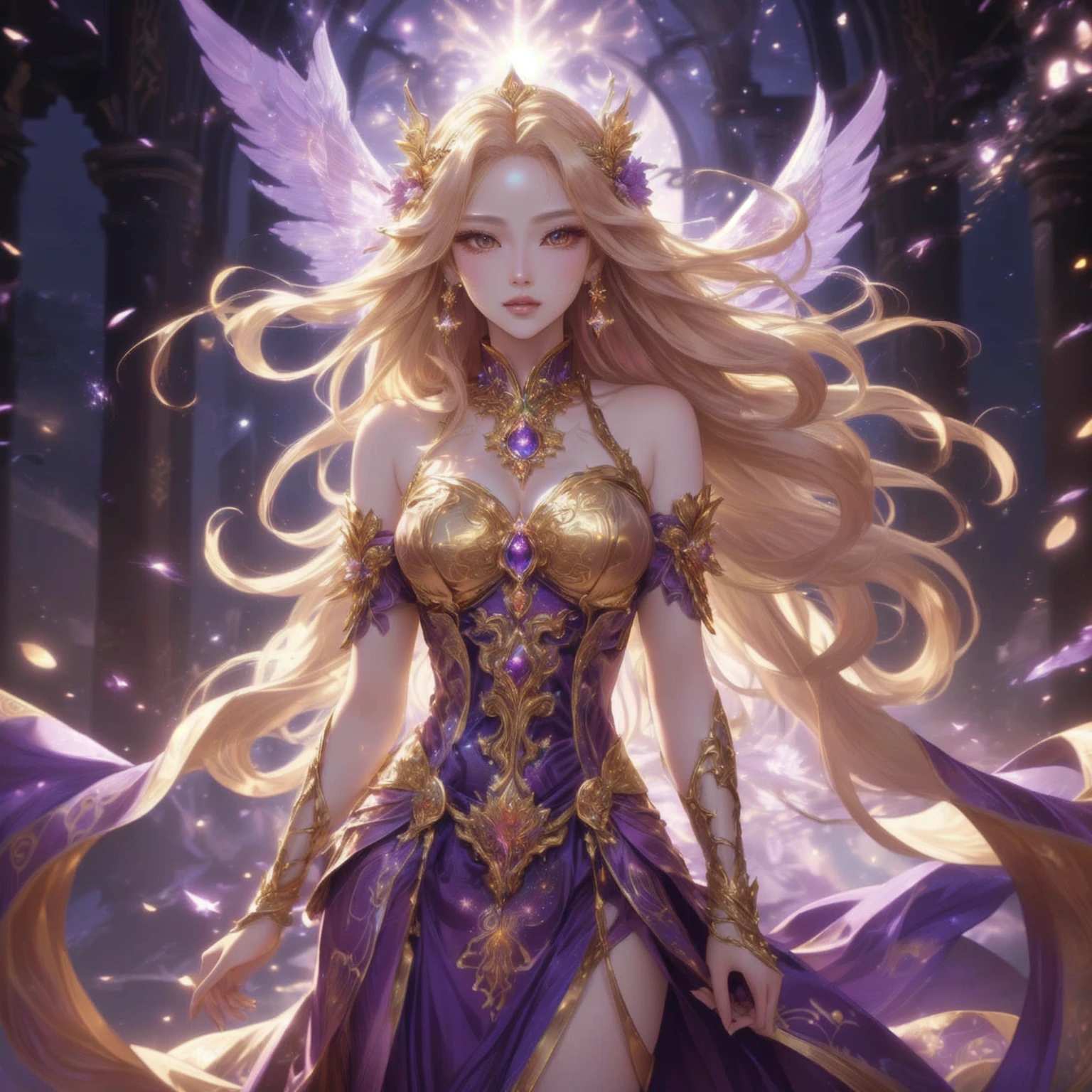 super model woman ,long golden hair , golden crown  , pink mouth ,Dressed in gold, standing in front of a crescent moon., goddess of heaven, goddess of the moon, anime goddess, beautiful heavenly mage, lunar goddess, Moon Goddess, Golden Lotus Princess, Goddess of the Galaxy, Beautiful Fantasy Empress, ((Beautiful Fantasy Empress)), Goddess and Moon, As the sun goddess,, Goddess of space and time ,  , Fine gold jewelry , red diamond , Indian city background ,beautiful wings of light , Anime