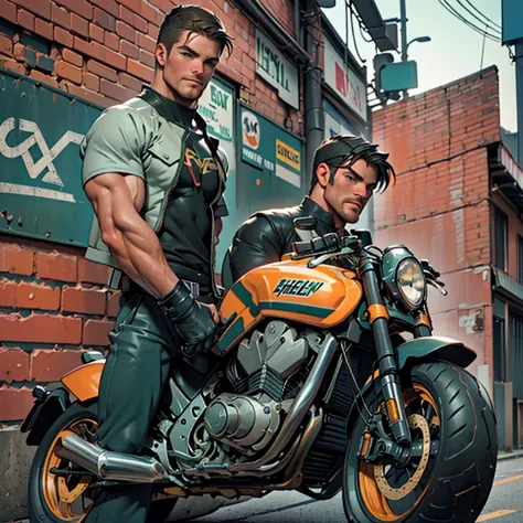 32k, high quality , detailed face , detailed hands , detailed muscles detailed motorcycle , (((stephen amell hunk and handsome ,...
