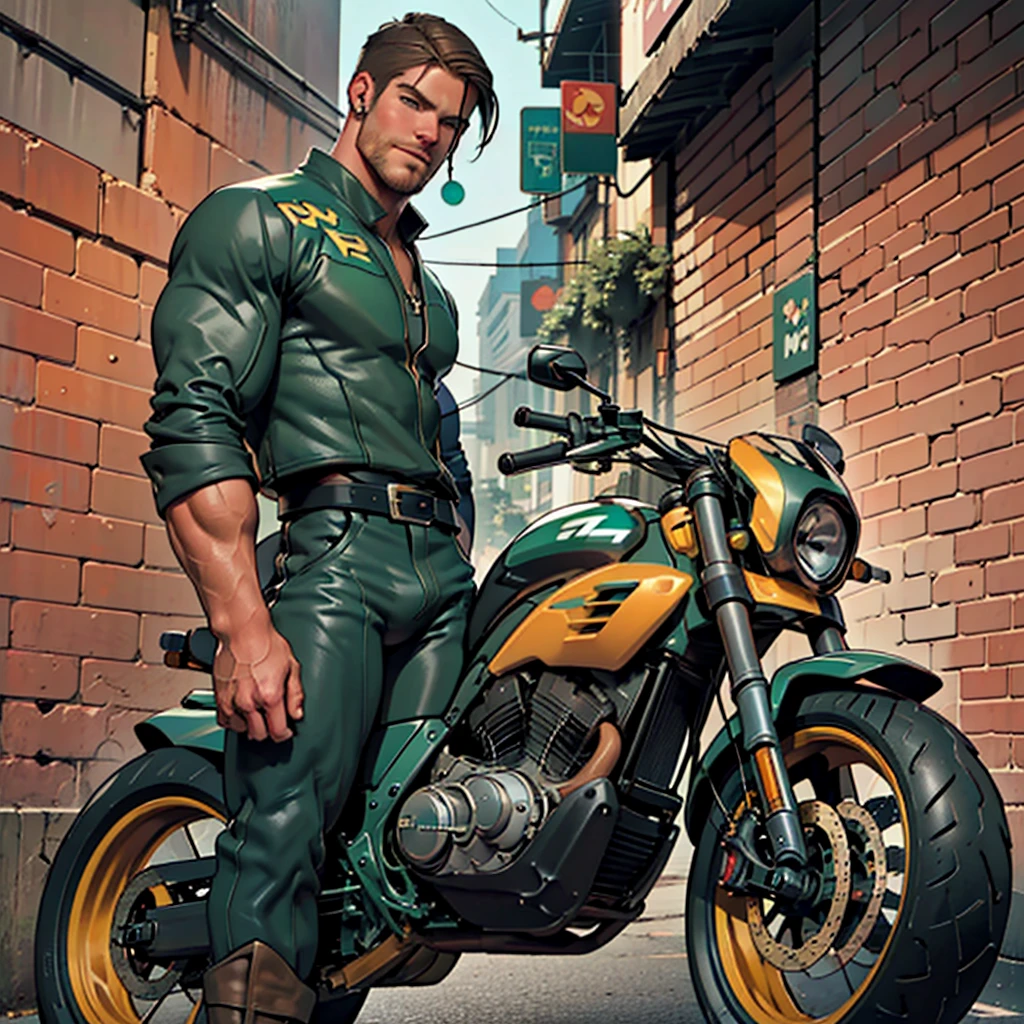 32k, high quality , detailed face , detailed hands , detailed muscles detailed motorcycle , (((stephen amell hunk and handsome , mature macho man ))) standing near his (((motorcycle 1.2))), posing in a street ,standing with spread legs, showing his muscles, shirtless wearing a very very low dark green pants with brown belt, background brick wall with men health posters