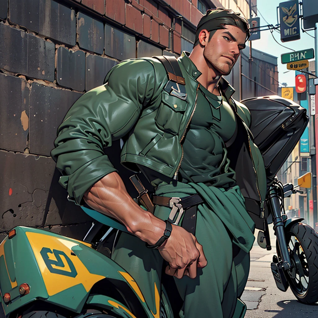 32k, high quality , detailed face , detailed hands , detailed muscles detailed motorcycle , (((stephen amell hunk and handsome , mature macho man ))) standing near his (((motorcycle 1.2))), posing in a street ,standing with spread legs, showing his muscles and a nice bulge, shirtless wearing a very very low dark green pants with brown belt, background brick wall with men health posters