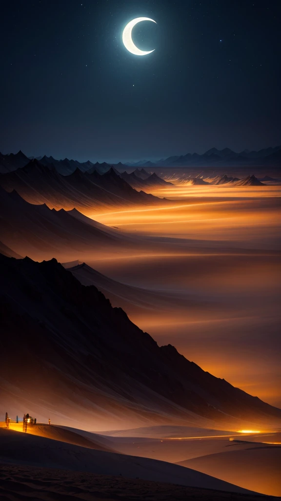 tempête de sable，Qinghai，nuit，Sac à dos，lune，Lumière，spectaculaire，choc。