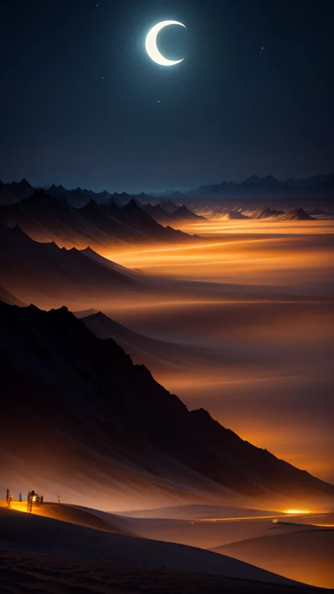 Sandstorm，Qinghai，night，Hill pack，moon，Light，Spectacular，Shock。