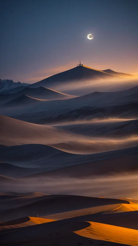 Sandstorm，Qinghai，night，Hill pack，moon，Light，Spectacular，Shock。