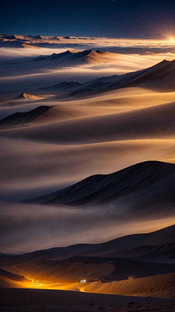 Sandstorm，Qinghai，night，Hill pack，moon，Light，Spectacular，Shock。