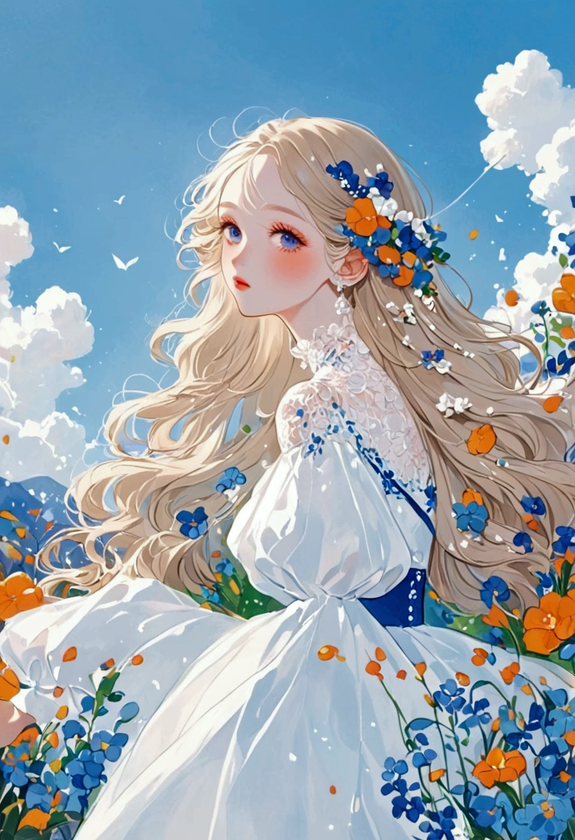 Pastel Art：1 Beautiful and elegant woman，Base color long hair，Delicate hair，Garland of flowers，Exaggerated dress，多层Fluffy领子，Shoulder，Exaggerated sleeves，Fluffy，FluffyWhite薄纱，White+blue+orange color