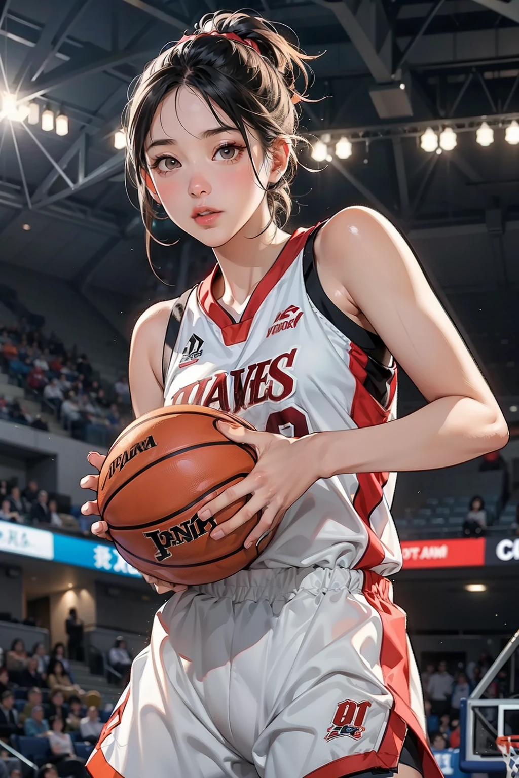 ((Female Basketball Player))、Young and beautiful girl、美しい顔のdetailedな描写、alone、Motion Blur、Dynamic Angle、stadium lighting、Blur the background、8Kdetailed、(detailed、masterpiece、Highest quality)、