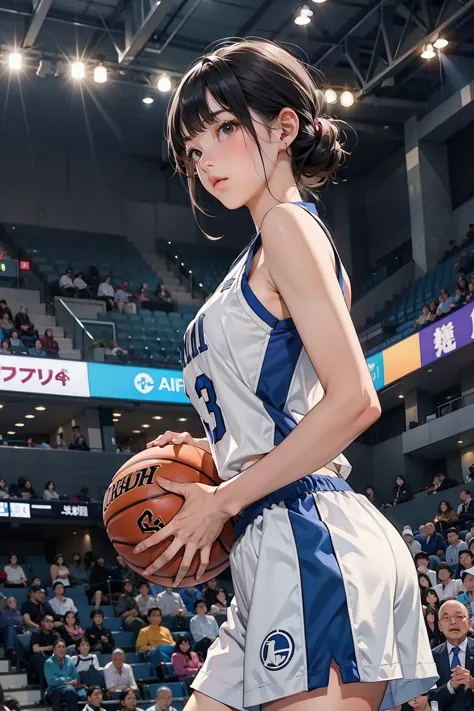 ((female basketball player))、young and beautiful girl、美しい顔のdetailedな描写、alone、motion blur、dynamic angle、stadium lighting、blur the...