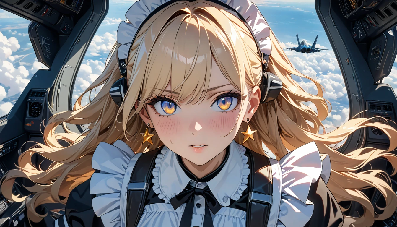 ((best quality)), ((masterpiece)), (detailed), perfect face, ((Best quality, 8k, Masterpiece: 1.3)), Sharp focus, Highly detailed face and skin texture, Detailed eyes, Light blonde, shoulder-length, wavy hair, star earrings, A maid costume with frills, white brim, high resolution, Textured skin, anime style, A maid boarding a fighter jet, maids acting as pilots, inside the cockpit, Air Force, Flying above the clouds