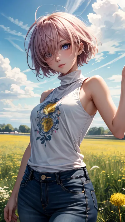 ((masterpiece)), (Top quality portraits), 1 Female, With dandelions, (Hair on one eye), Pink short haircut, Wearing a black turt...