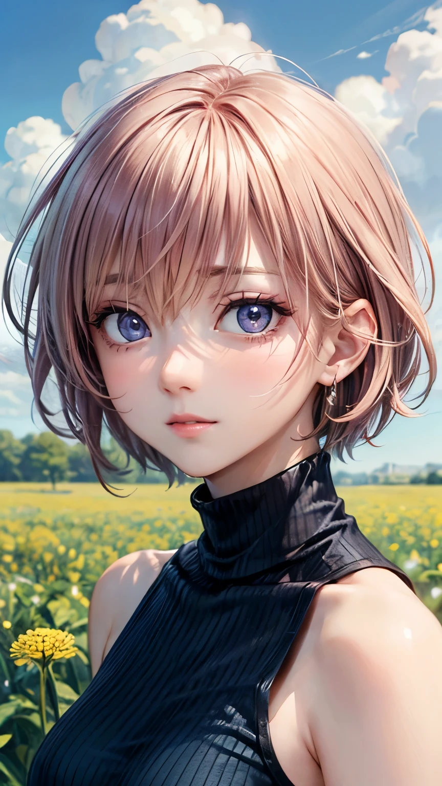 ((masterpiece)), (Top quality portraits), 1 Female, With dandelions, (Hair on one eye), Pink short haircut, Wearing a black turtleneck sleeveless T-shirt, Denim pants, In the dandelion field, Beautiful eyes in every detail, Gorgeous face with attention to detail, Perfect body, Dynamic pose, Perfect Shading, Intricate details, Pixiv, Krentz Kuschaert, (Hair on one eye), Brown Pixie Haircut,
