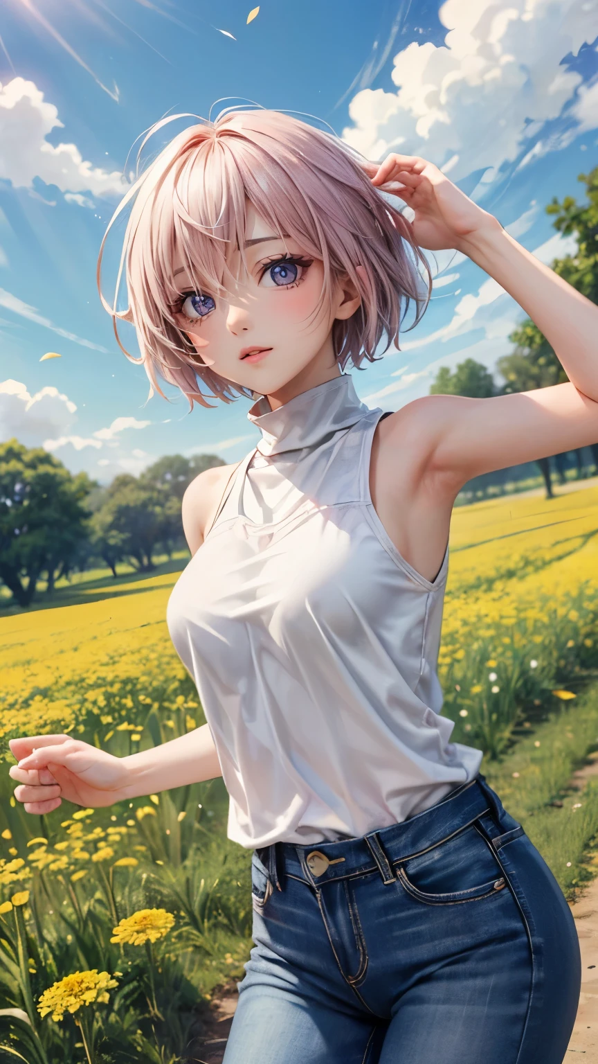 ((masterpiece)), (Top quality portraits), 1 Female, With dandelions, (Hair on one eye), Pink short haircut, Wearing a black turtleneck sleeveless T-shirt, Denim pants, In the dandelion field, Beautiful eyes in every detail, Gorgeous face with attention to detail, Perfect body, Dynamic pose, Perfect Shading, Intricate details, Pixiv, Krentz Kuschaert, (Hair on one eye), Brown Pixie Haircut,
