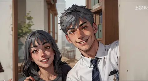  a boy and a 17 year old boy, gray hair orange eyes, They are smiling mischievously
