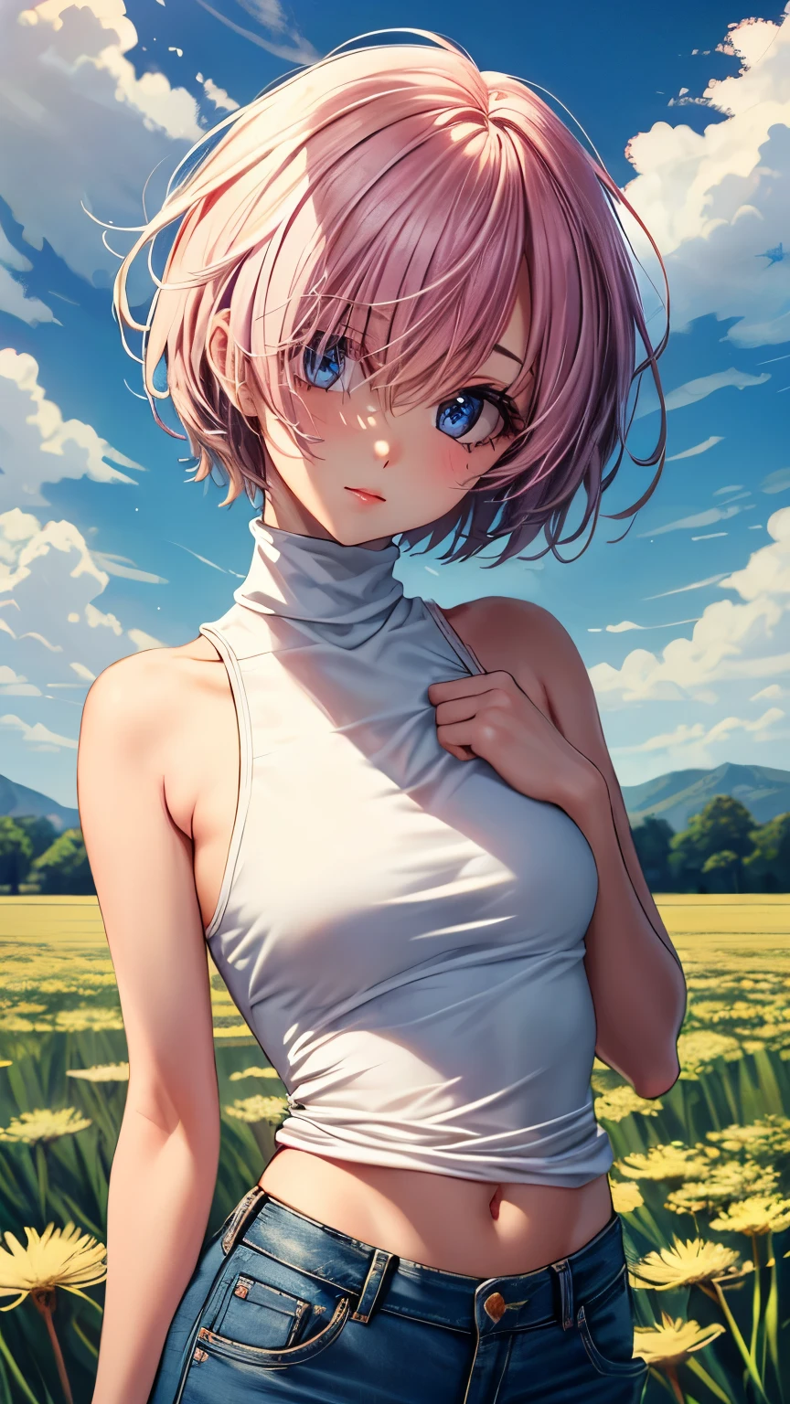 ((masterpiece)), (Top quality portraits), 1 Female, With dandelions, (Hair on one eye), Pink short haircut, Wearing a black turtleneck sleeveless T-shirt, Denim pants, In the dandelion field, Beautiful eyes in every detail, Gorgeous face with attention to detail, Perfect body, Dynamic pose, Perfect Shading, Intricate details, Pixiv, Krentz Kuschaert, (Hair on one eye), Brown Pixie Haircut,
