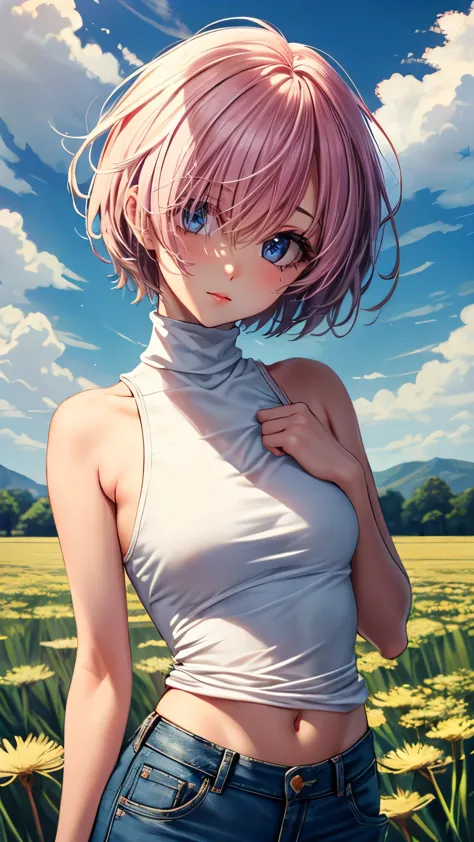 ((masterpiece)), (top quality portraits), 1 female, with dandelions, (hair on one eye), pink short haircut, wearing a black turt...