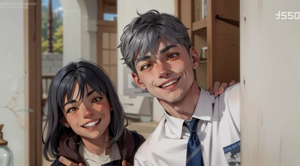  un niño y un niño, pelo gris ojos naranja, ellos estan sonriendo traviesamente