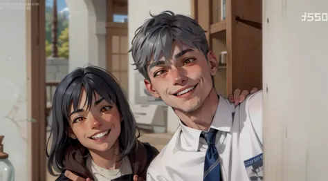  a boy and a 15 year old boy, gray hair orange eyes, They are smiling mischievously