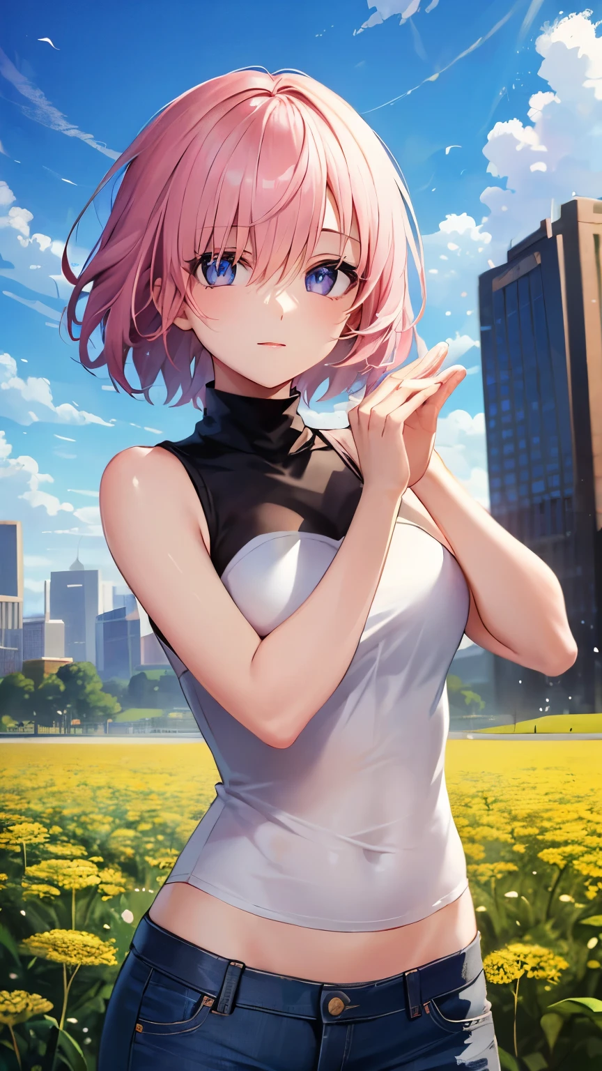 ((masterpiece)), (Top quality portraits), 1 Female, With dandelions, (Hair on one eye), Pink short haircut, Wearing a black turtleneck sleeveless T-shirt, Denim pants, In the dandelion field, Beautiful eyes in every detail, Gorgeous face with attention to detail, Perfect body, Dynamic pose, Perfect Shading, Intricate details, Pixiv, Krentz Kuschaert, (Hair on one eye), Brown Pixie Haircut,
