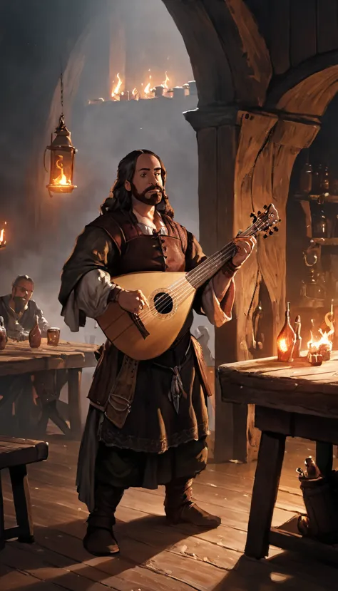 Bard playing the lute, standing on a table in a tavern ; lit by torches; fantasy medieval atmosphere; sombre; many adventurers l...